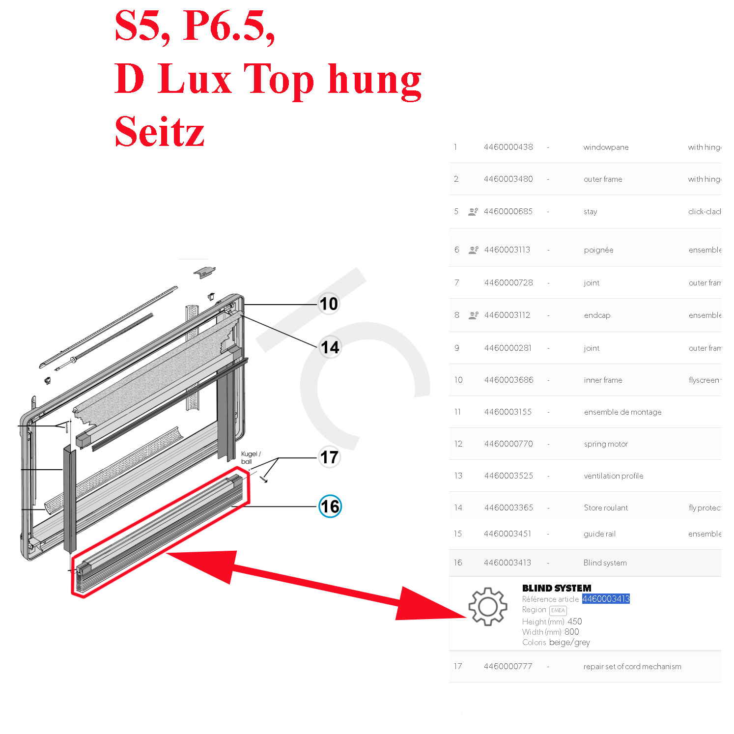 Seitz store occultant dimensions largueur 800 mm x hauteur 450 mm couleur aluminium/beige pour les modèles: S5, P6.5, D Lux Top hung - Disponible début Mars 2026
