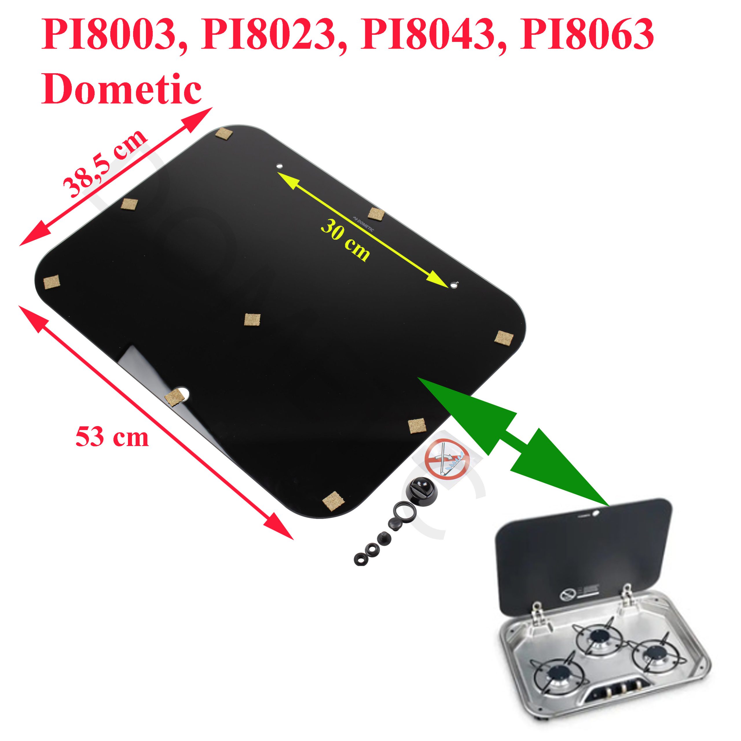 Dometic, couvercle ou plateau en verre noir de gazinières PI8003, PI8023, PI8043, PI8063