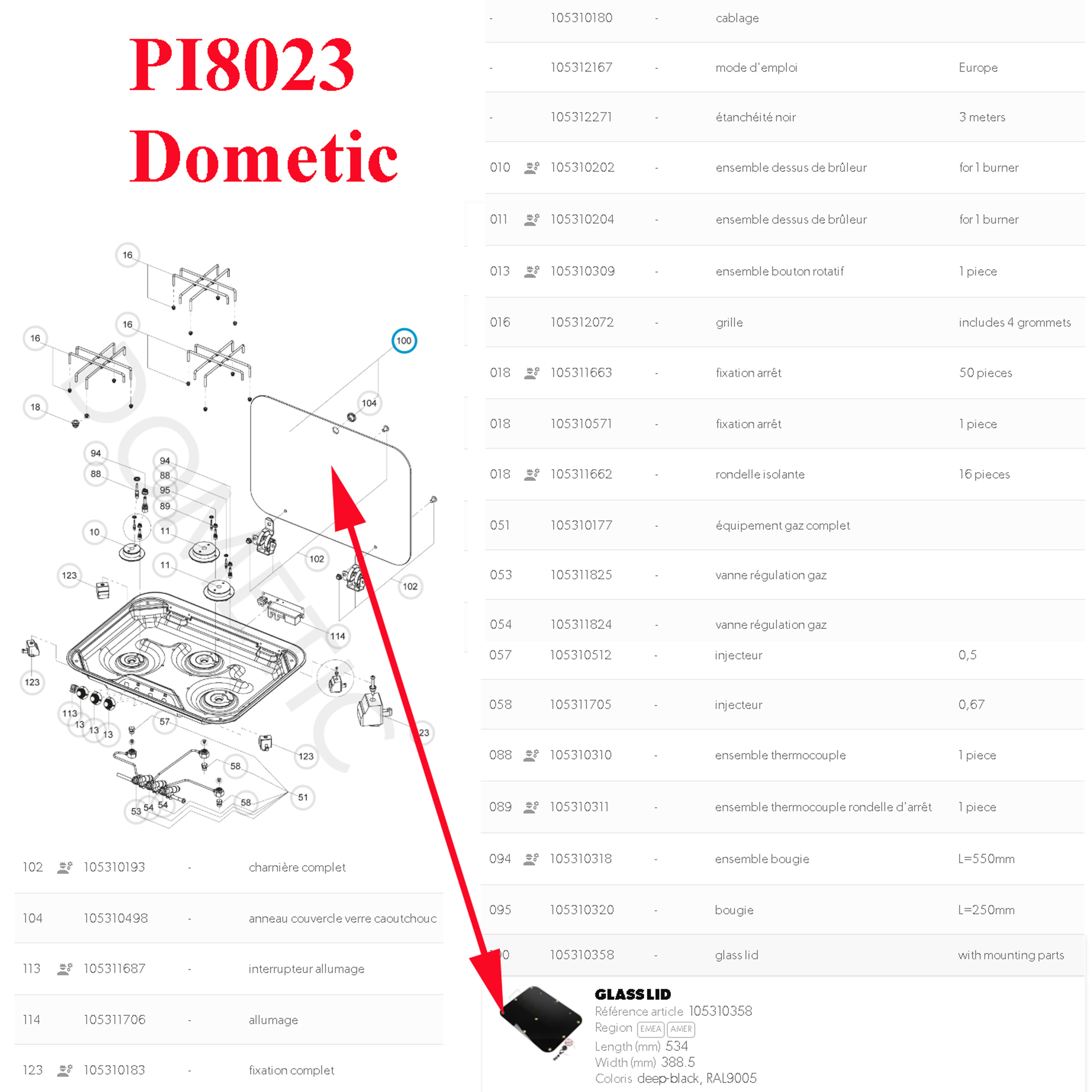Dometic, couvercle ou plateau en verre noir de gazinières PI8003, PI8023, PI8043, PI8063 – Image 2