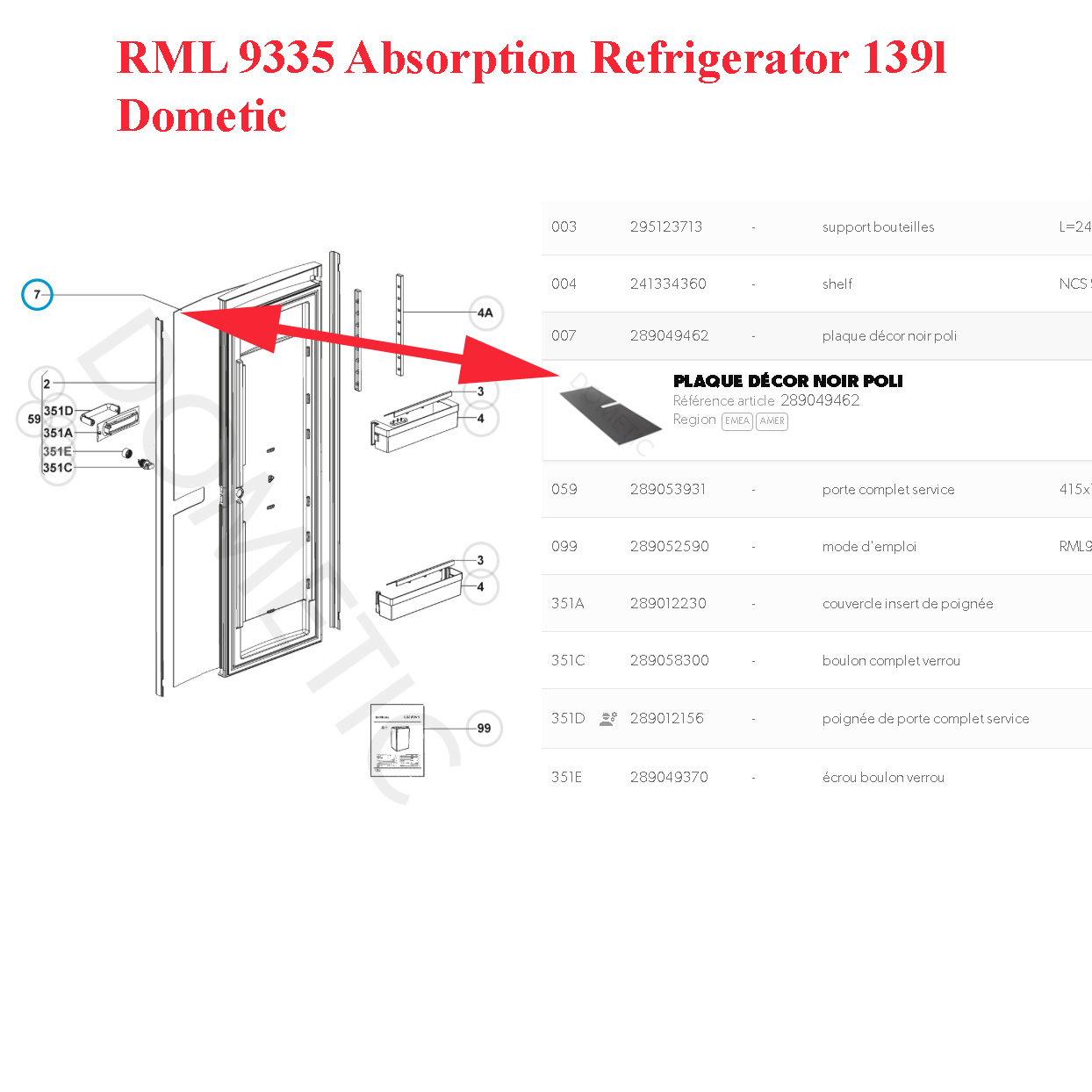 Dometic, plaques décor de la porte des réfrigérateurs des modèles RML9330, RML9331, RML9335, RML9336, RMLT9335 – Image 2