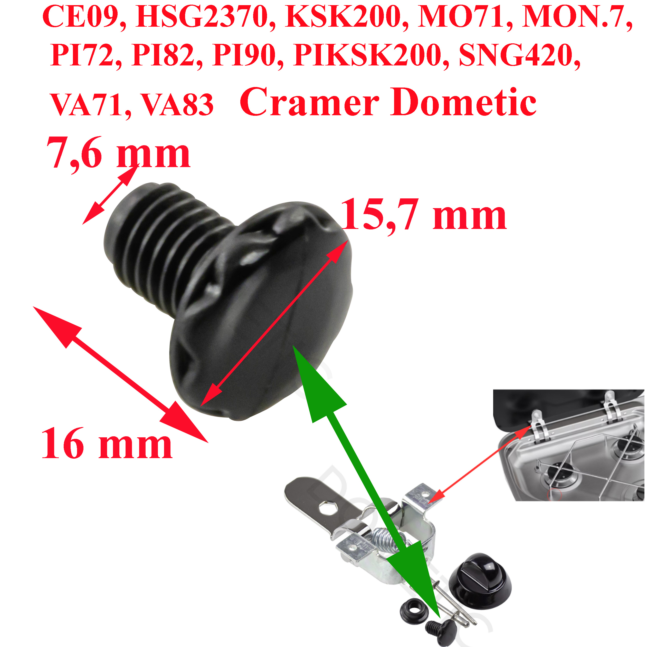 Dometic, vis de fixation de la plaque verre sur la charnière pour gazinière et évier: CE09, HSG2370, KSK200, MO71, MON.7, PI72, PI82, PI90, PIKSK200, SNG420, VA71, VA83