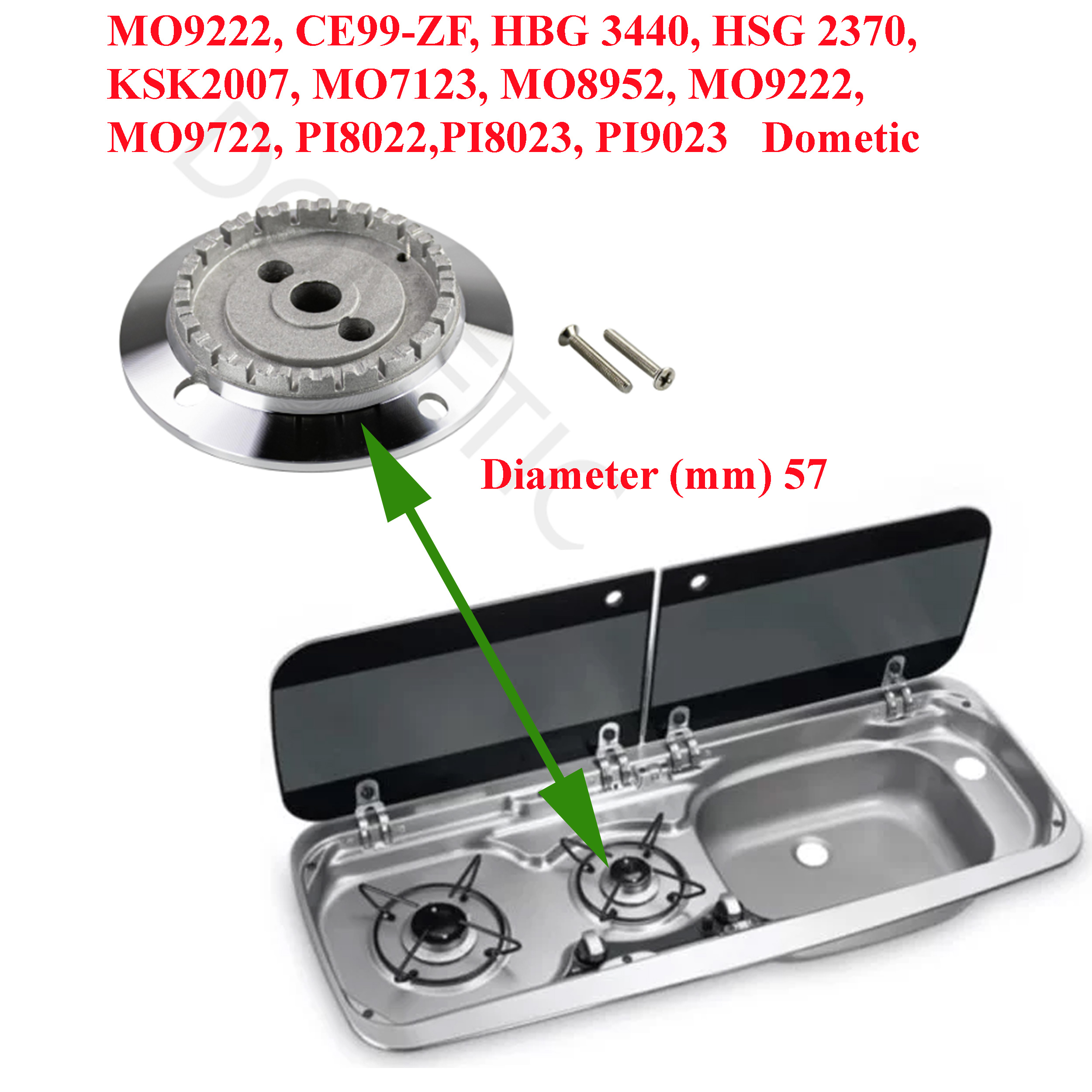 Dometic, brûleur chromé (sans couvercle) pour gazinière diamètre 57mm pour les modèles MO9222, CE99-ZF, HBG 3440, HSG 2370, KSK2007, MO7123, MO8952, MO9222, MO9722, PI8022,PI8023, PI9023