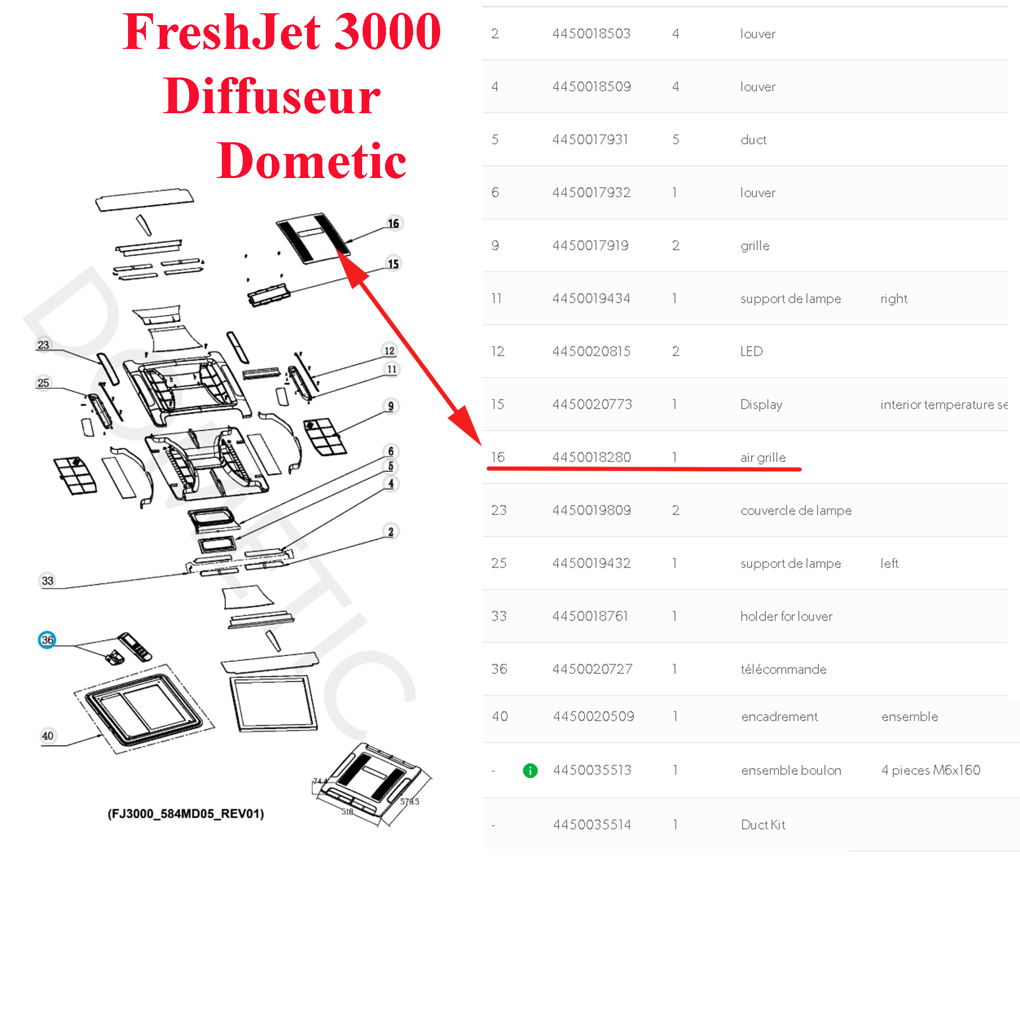 Dometic, grille du milieu du diffuseur des climatisations de toit: Freshjet FJ3000, HL36HX01RI – Image 3