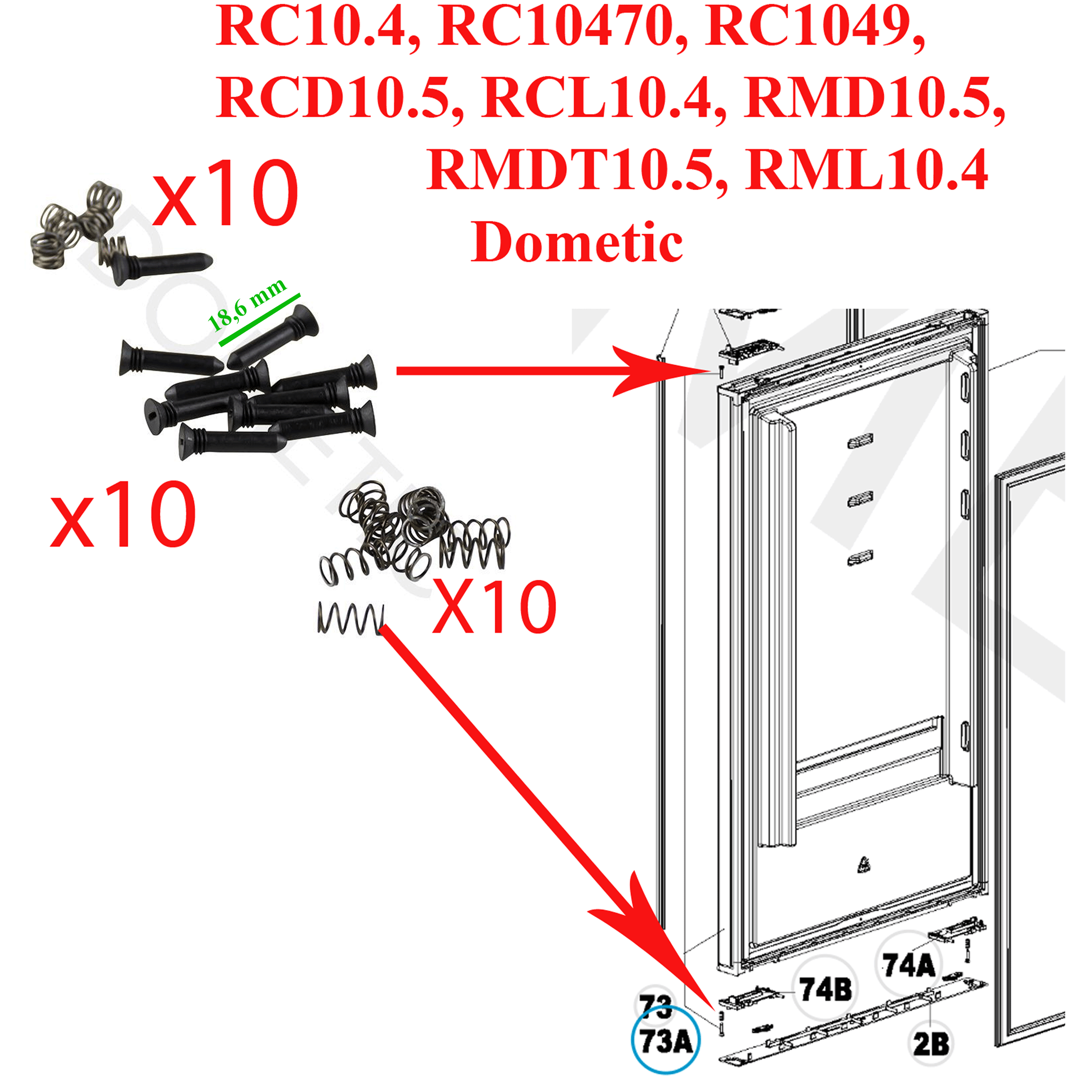 Dometic, 10 vis en plastique noir et les ressorts du système de fermeture des portes double ouvertures des modèles RC10.4, RC10470, RC1049, RCD10.5, RCL10.4, RMD10.5, RMDT10.5, RML10.4