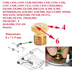 Injecteur 64 des gazinières et réchauds à gaz SMEV Dometic : CE88, CE94, CE99, CE00-MINI/BO, CE02, CE04, CE06, CE07, CE08, CE09, CE12, CE94, CE99, CMEK2000-I, EK1600, EK2000, EK3200, HBG2335, K-840, K-860, KOMBI840x436, KSK2007, KSK2008, Mini CE2000, MO840, MOCEOM, MOKOMBI, PICE08, PICE12, PICE88, PICE99, PIKSK2003, PIKSK2007, PIKSK2008, SNG 420
