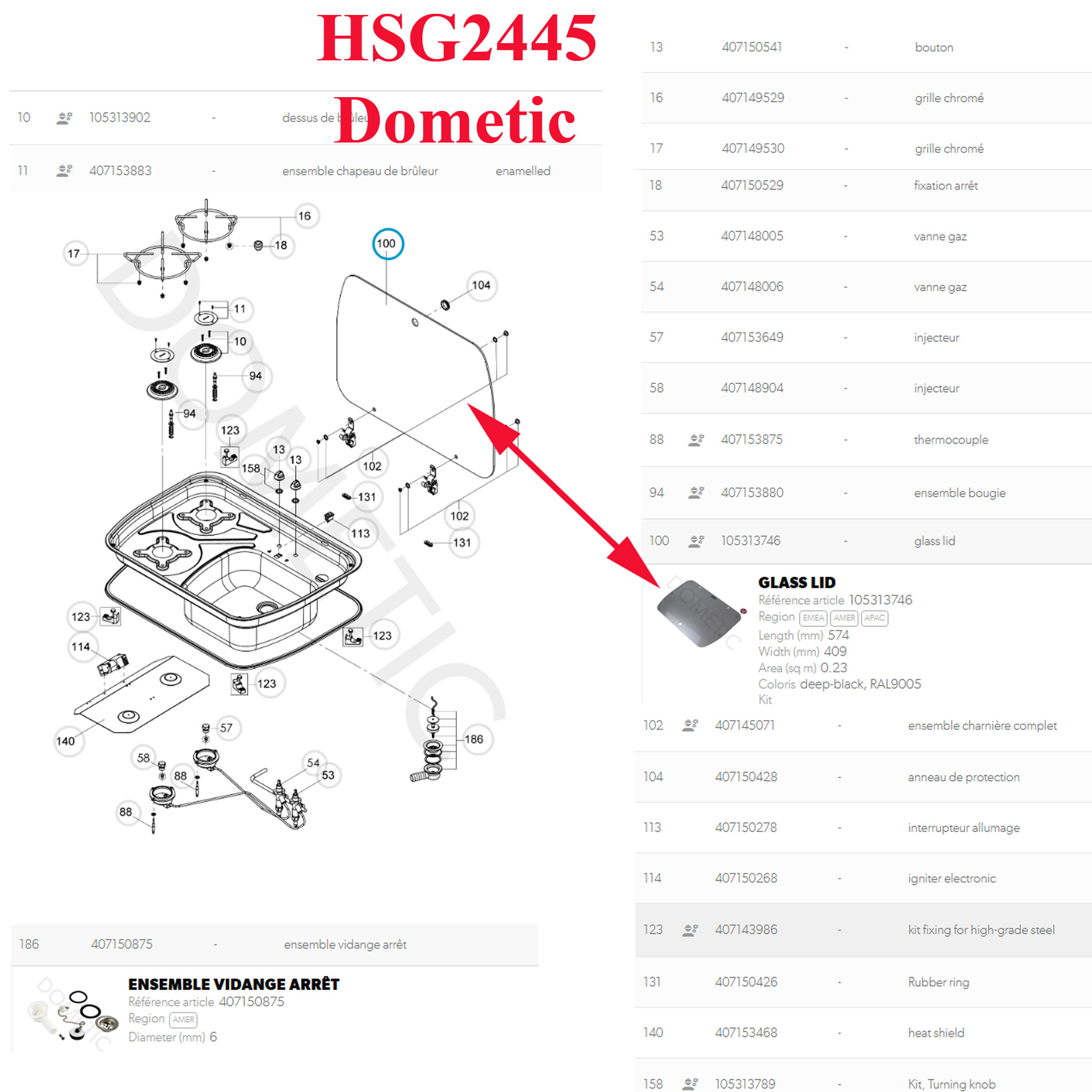 Couvercle ou plateau en verre 57,4 x 40,9 cm pour gazinière 2 feux avec évier HSG2445, Mini CE2000 par Dometic – Image 2
