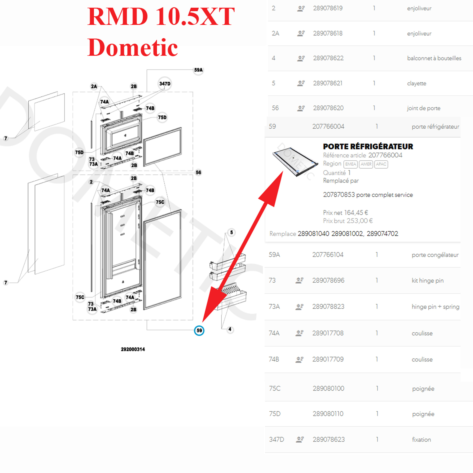Dometic, porte complete avec ouverture dans les deux sens pour les modèles des réfrigérateurs: RCD 10.5, RMD 10.5, RMDT 10.5 – Image 3