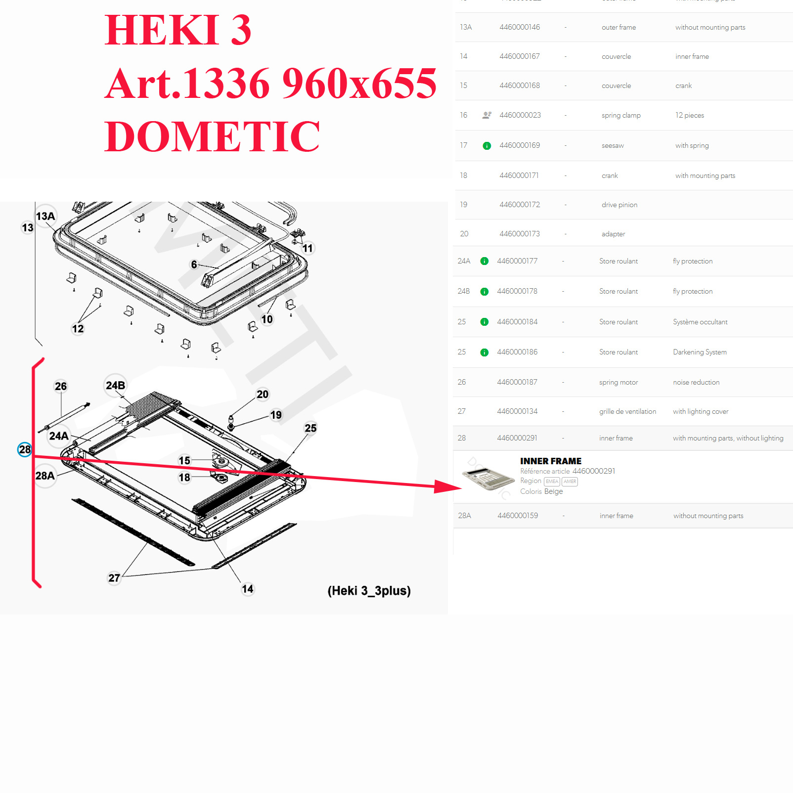 Dometic, cadre intérieur complet Heki 3 en blanc crème RAL 9001, livré avec store occultant et moustiquaire plissée – Image 3