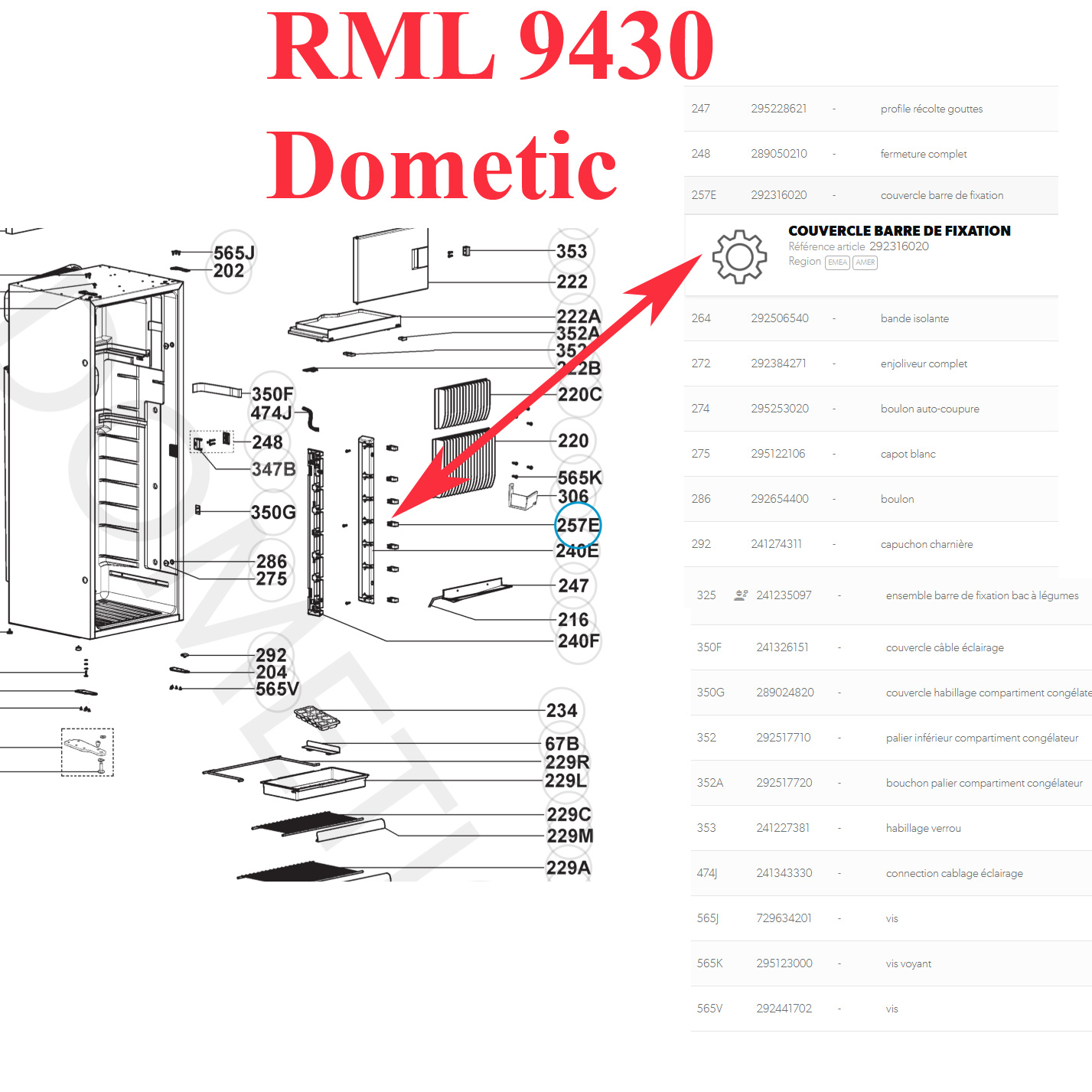 Dometic, un clips de fixation des étagères ou clayette pour les réfrigérateurs : RML9431, RMLT9435, RML9430, RML9435, RMLT943 – Image 2