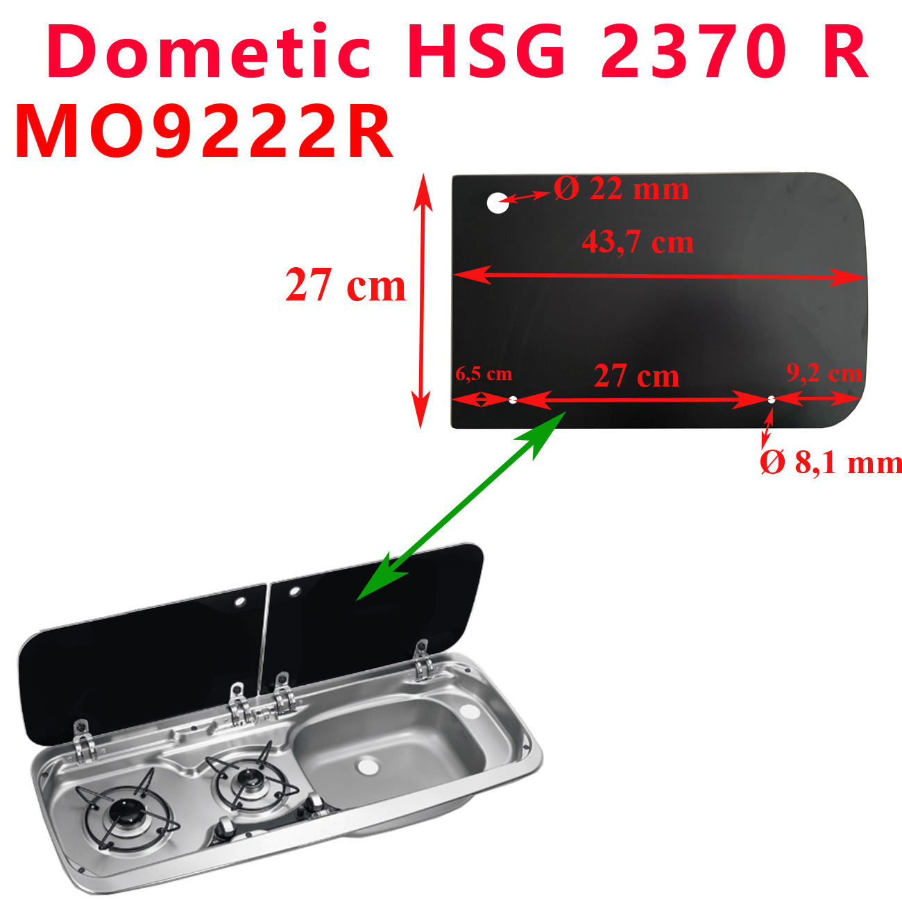 Dometic, couvercle ou plateau en verre noir, côté Droit de la gaziniere des ensembles gazinières et éviers : HSG 2370 R, MO9222R