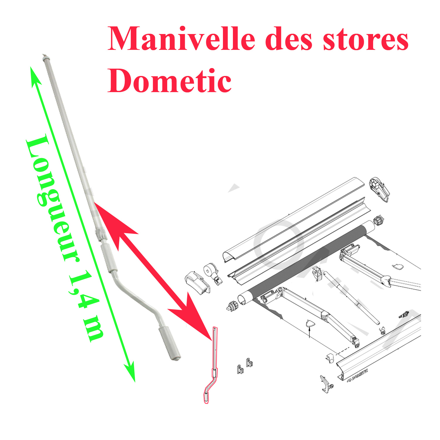 Dometic, manivelle des stores : PW1000, PW1100, PW1500, PW1750, PW3800, PR2000, PR2500 - Télescopique 1400mm