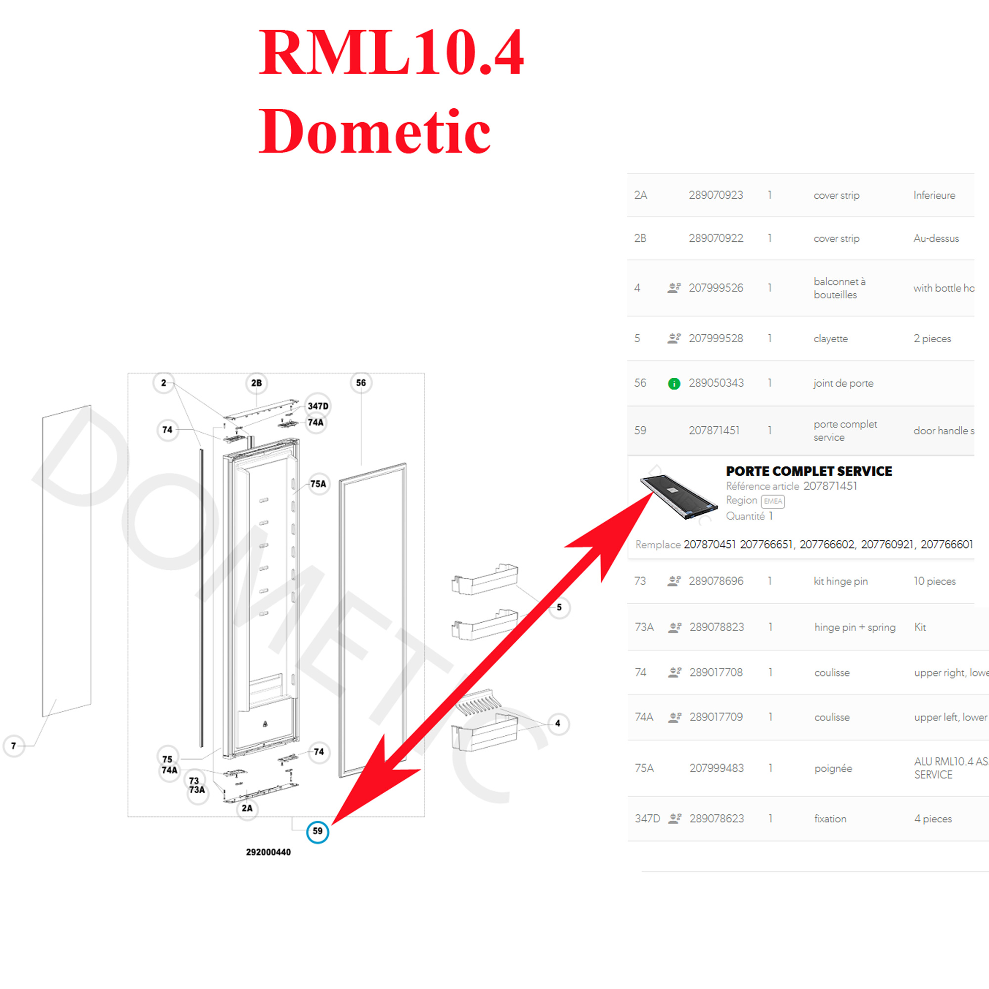 Dometic, porte avec ouverture dans les deux sens pour les modèles des réfrigérateurs RCL10.4T, RML10.4, RML10.4T, RML10.4P – Image 3