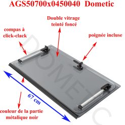 Dometic, vitre plexiglass S4 teinté foncé, ou baie de remplacement de fenêtre de camping-car projetable 700×450 mm AGS50700x0450040 charnière en haut noir , compas à click-clack
