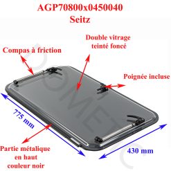 Seitz, vitre plexiglass S7P teinté foncé, ou baie de remplacement de fenêtre de camping-car projetable 800×450 mm AGP70800X0450040 charnière en haut noir et compas à friction